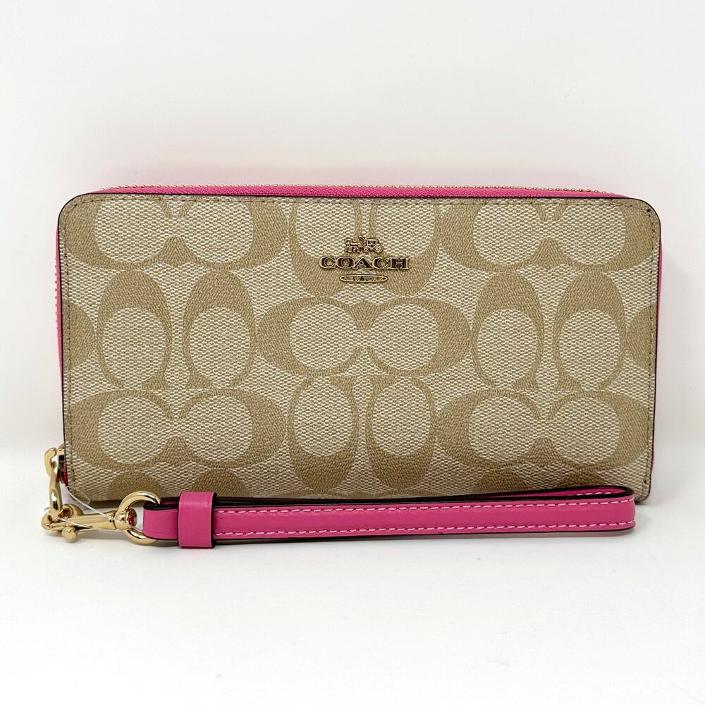 Coach Long Zip Around Wallet in Signature Canvas Light Khaki Petunia Pink C4452